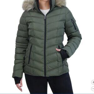 NEW Nautica Womens M Faux Fur Hooded Water-Resistant Puffer Jacket Green// 23CT